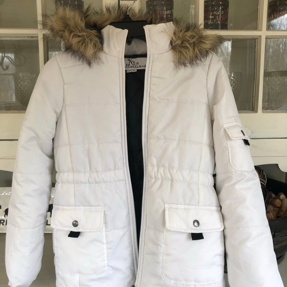 Girls White Puffy Coat with Fur on Hood - Picture 1 of 7